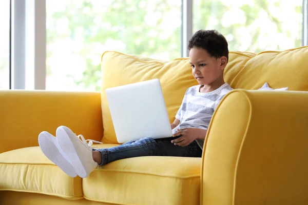 Little African American Boy Laptop Watching Cartoons Sofa Home — Stock Photo, Image