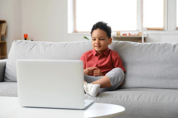 Little African American Boy Watching Cartoons Laptop Home — Stock Photo, Image