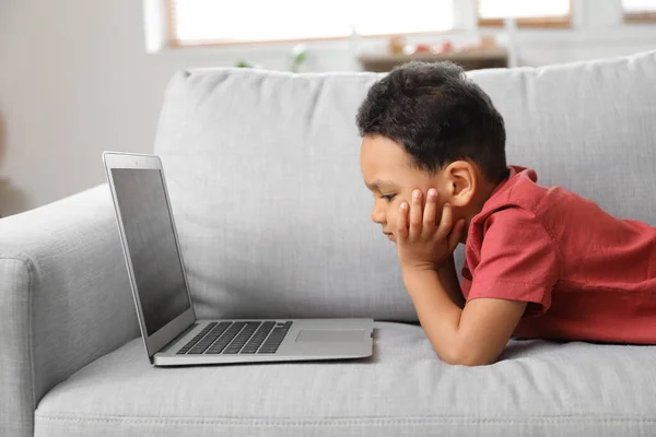 Little African American Boy Watching Cartoons Laptop Home — Stock Photo, Image