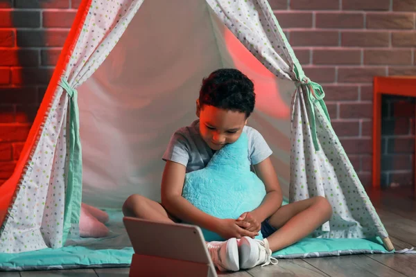 Little African American Boy Watching Cartoons Tablet Computer Play Tent — Stock Photo, Image