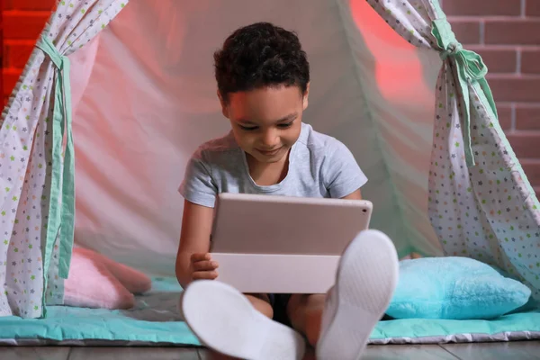 Little African American Boy Watching Cartoons Tablet Computer Play Tent — Stock Photo, Image