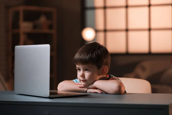 Little Boy Watching Cartoons Laptop Table Late Evening — Stock Photo, Image