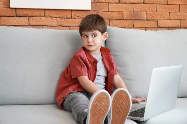 Little Boy Watching Cartoons Laptop Sofa Home — Stock Photo, Image