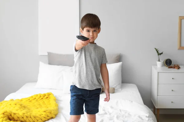 Little Boy Watching Cartoons Bedroom — Stock Photo, Image