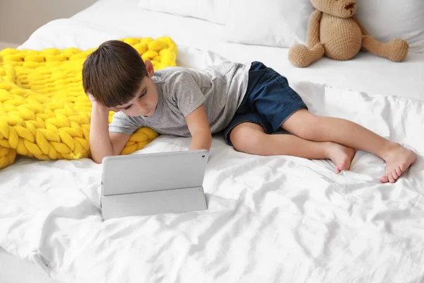 Little Boy Watching Cartoons Tablet Computer Bedroom — Stock Photo, Image