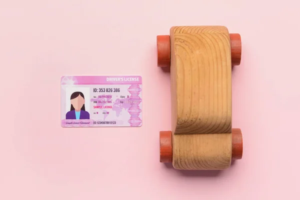 Driving License Wooden Car Pink Background — Stock Photo, Image