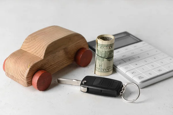 Wooden Car Key Money Calculator White Background — Stock Photo, Image