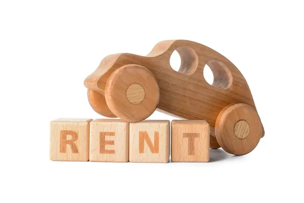 Wooden Car Word Rent White Background — Stock Photo, Image