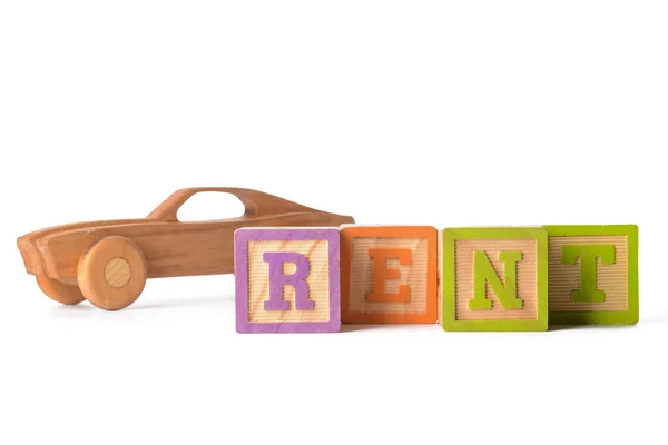 Wooden Car Word Rent White Background — Stock Photo, Image