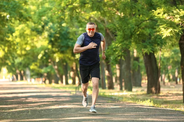 Sporty Mature Man Eyeglasses Running Park — Stock Photo, Image