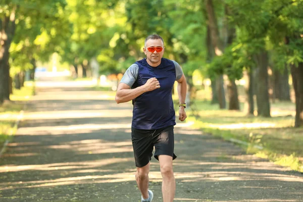 Sporty Mature Man Eyeglasses Jogging Park — Stock Photo, Image