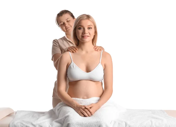 Jong Zwanger Vrouw Het Hebben Van Massage Tegen Wit Achtergrond — Stockfoto