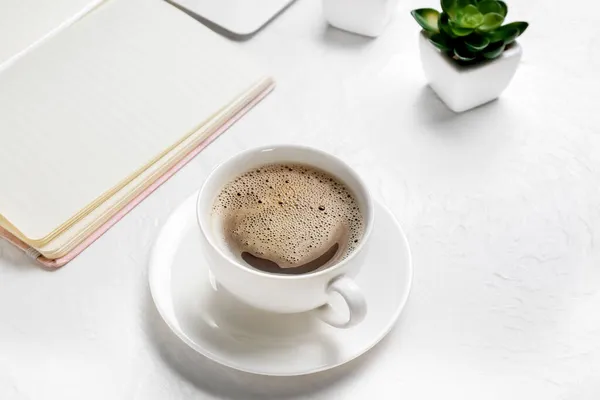 Cup Tasty Coffee Workplace — Stock Photo, Image