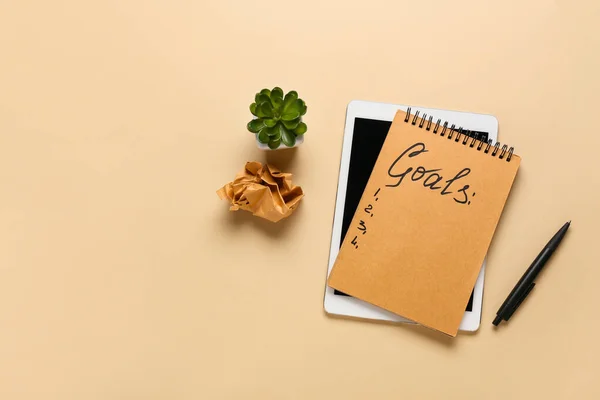 Notebook Empty List Tablet Computer Color Background New Year Goals — Stock Photo, Image