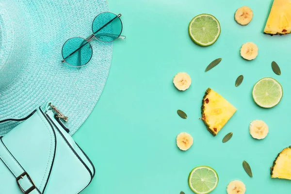 Composition Stylish Hat Bag Sunglasses Fruits Color Background — Stock Photo, Image