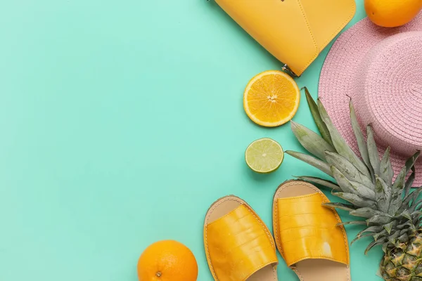 Composition Stylish Hat Shoes Fruits Color Background Closeup — Stock Photo, Image