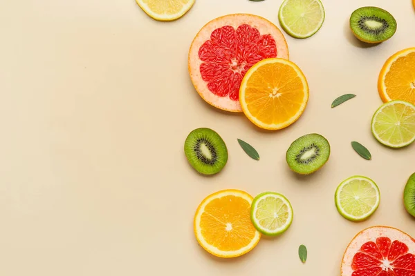 Slices Different Fruits Color Background — Stock Photo, Image