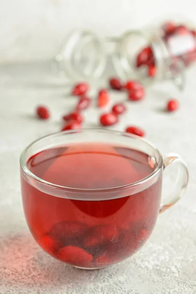 Cup Healthy Dogwood Berry Drink Grey Background — Stock Photo, Image