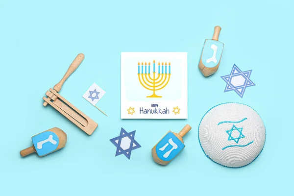 Diferentes Símbolos Hanukkah Tarjeta Felicitación Fondo Color — Foto de Stock