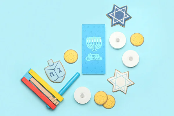 Különböző Szimbólumok Hanukkah Üdvözlőkártya Színes Háttér — Stock Fotó