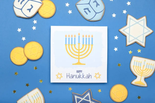 Tasty Cookies Greeting Card Hanukkah Color Background — Stock Photo, Image