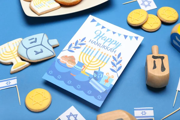 Diferentes Símbolos Hanukkah Tarjeta Felicitación Fondo Color — Foto de Stock