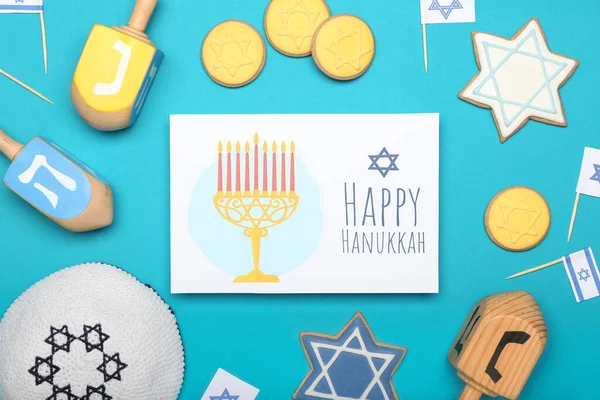 Diferentes Símbolos Hanukkah Tarjeta Felicitación Fondo Color — Foto de Stock