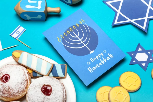 Diferentes Símbolos Hanukkah Tarjeta Felicitación Fondo Color —  Fotos de Stock