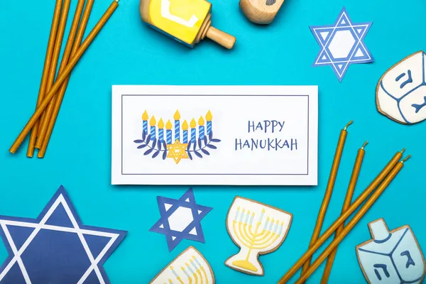 Diferentes Símbolos Hanukkah Tarjeta Felicitación Fondo Color —  Fotos de Stock