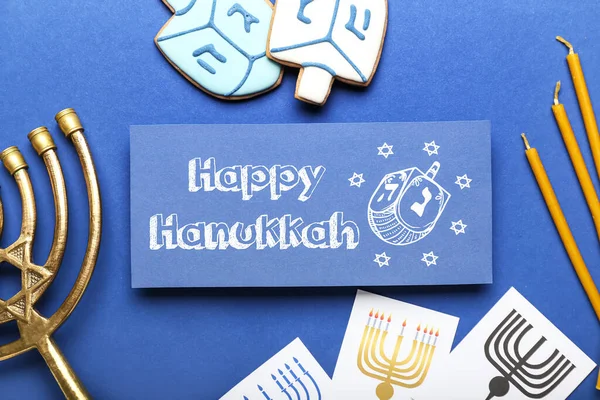 Different Symbols Hanukkah Greeting Card Color Background — Stock Photo, Image