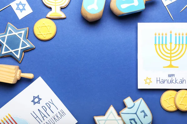 Marco Hecho Diferentes Símbolos Hanukkah Fondo Color — Foto de Stock