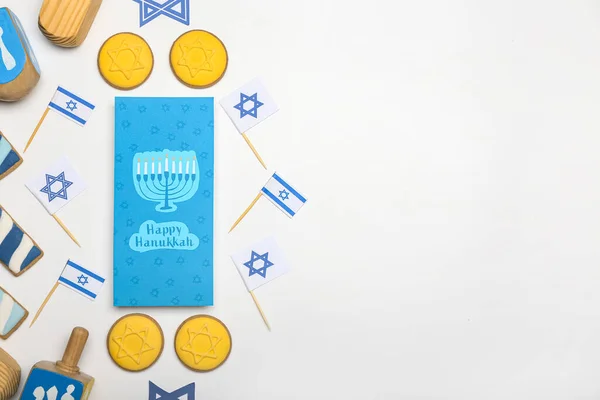 Different Symbols Hanukkah Greeting Card White Background — Stock Photo, Image