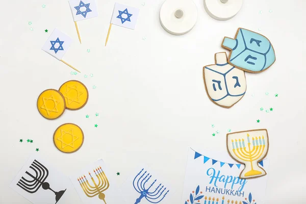 Marco Hecho Diferentes Símbolos Hanukkah Sobre Fondo Blanco — Foto de Stock