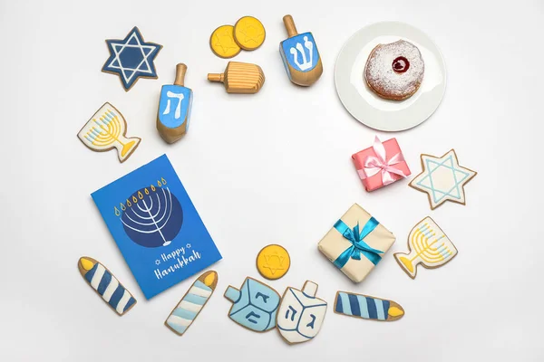Marco Hecho Diferentes Símbolos Hanukkah Sobre Fondo Blanco — Foto de Stock