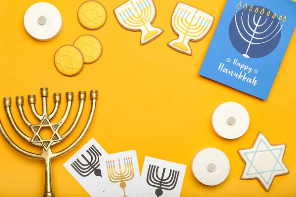 Marco Hecho Diferentes Símbolos Hanukkah Fondo Color — Foto de Stock