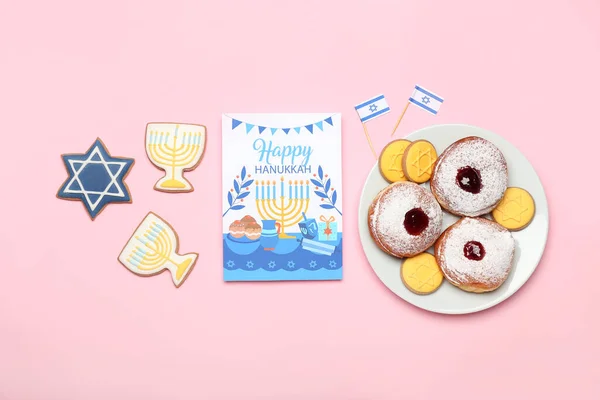 Tasty Cookies Donuts Greeting Card Hanukkah Color Background — Stock Photo, Image