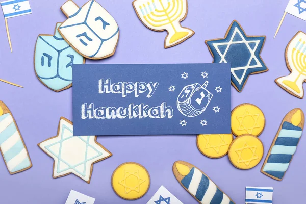 Galletas Sabrosas Tarjeta Felicitación Para Hanukkah Sobre Fondo Color — Foto de Stock
