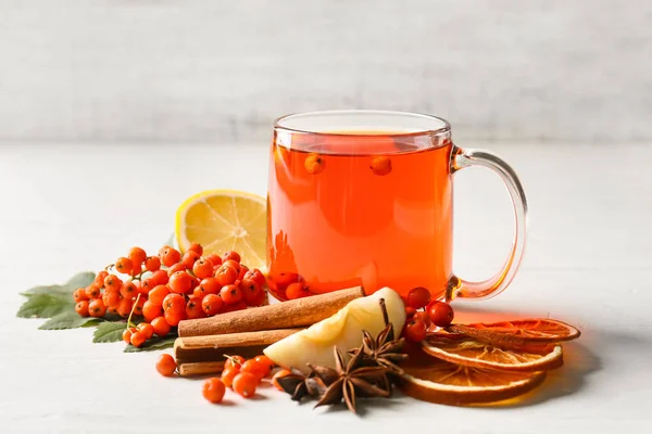 Composition Cup Tasty Rowan Tea Berries Spices Table — Stock Photo, Image
