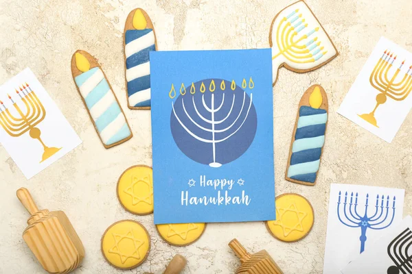 Diferentes Símbolos Hanukkah Tarjeta Felicitación Sobre Fondo Grunge — Foto de Stock