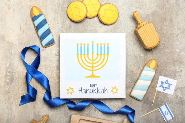 Different Symbols Hanukkah Greeting Card Grunge Background — Stock Photo, Image