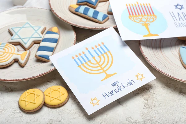 Platos Con Galletas Tarjetas Felicitación Para Celebración Hanukkah Fondo Grunge — Foto de Stock