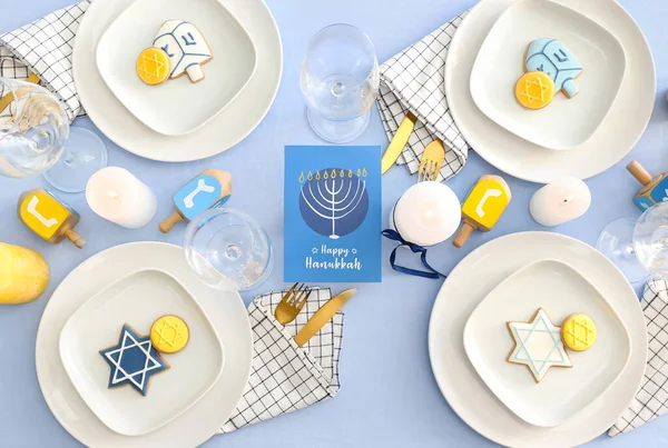 Tabla Ajuste Para Celebración Hanukkah Vista Superior — Foto de Stock