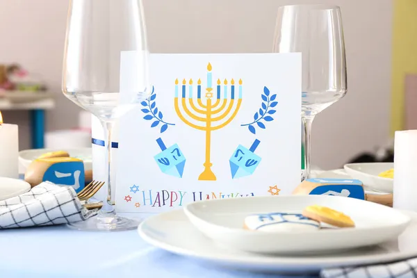 Ajuste Mesa Para Celebración Hanukkah Casa — Foto de Stock