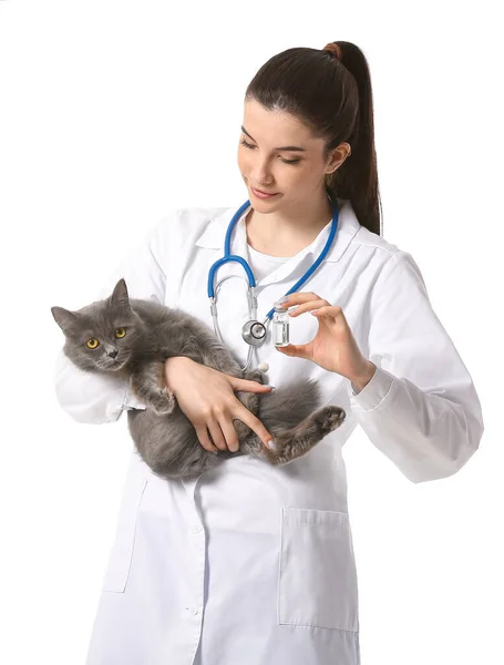 Θηλυκό Κτηνίατρο Χαριτωμένο Γάτα Και Εμβόλιο Λευκό Φόντο — Φωτογραφία Αρχείου