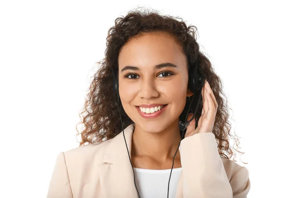 Consultor Afro Americano Call Center Fone Ouvido Fundo Branco — Fotografia de Stock