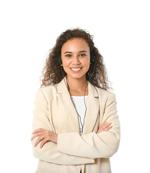 African American Consultant Call Center Headset White Background — Stock Photo, Image