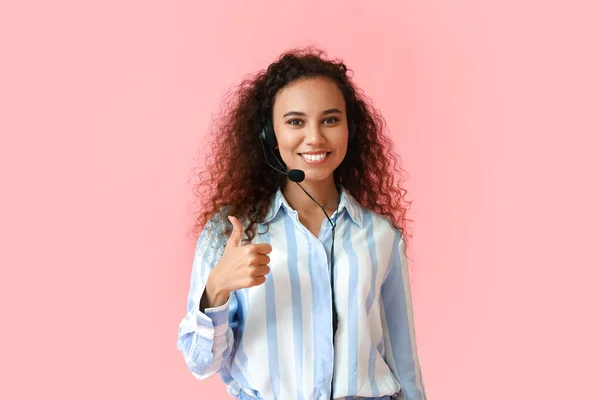 African American Consultant Call Center Showing Thumb Pink Background — Stock Photo, Image