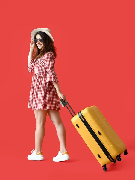 Young Woman Passport Suitcase Color Background — Stock Photo, Image
