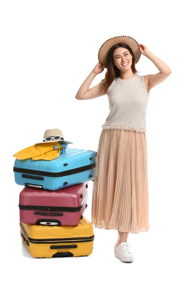 Jeune Femme Avec Des Valises Sur Fond Blanc — Photo