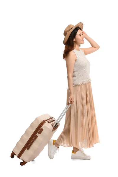 Young Woman Suitcase White Background — Stock Photo, Image